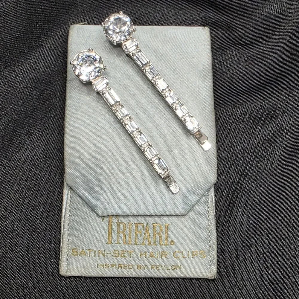 Crown Trifari 1950s Hair Clip Pair Silver Tone Bobby Pins Crystal Rhinestones